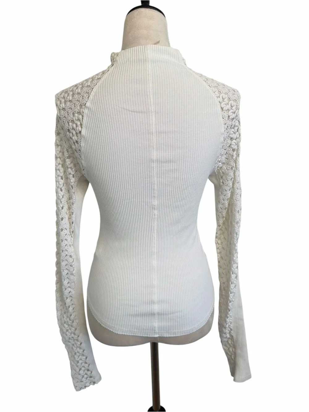 Free People Clemente Mixed Media White Mock Neck Crochet Lace Sleeves